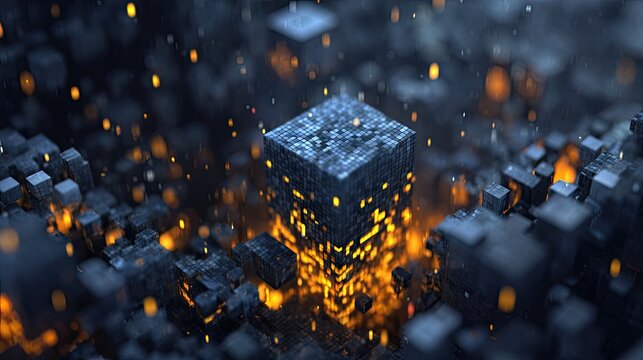 Abstract digital cube illuminated with glowing particles and bokeh