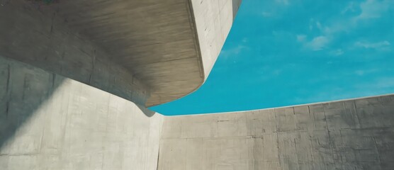 An abstract view of modern architecture showcasing concrete elegance against a bright blue sky.