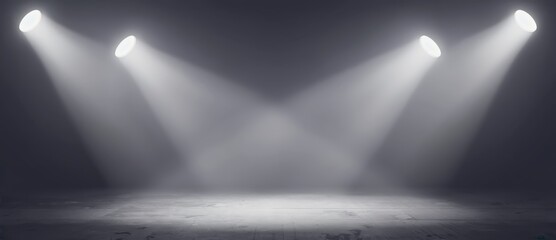 Three bright spotlights illuminate a dark, empty stage.