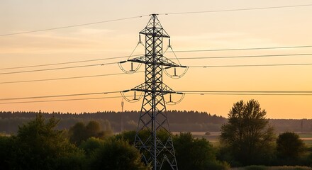 High Voltage Transmission Tower Rural Sunset Energy Landscape