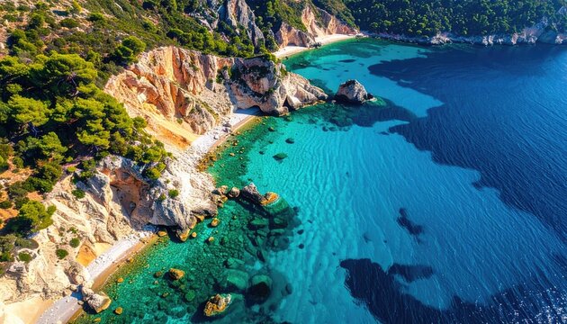 Turquoise Water Coastline With Lush Green Cliffs And Rocky Outcrops On A Sunny Day - Powered by Adobe
