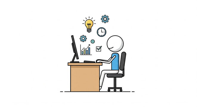 Stick figure person working at a desk on a computer, surrounded by icons of ideas, gears, clock, charts, and a checklist, symbolizing productivity and creative work.