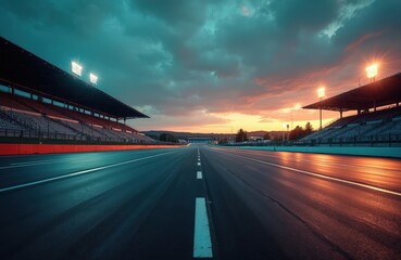 Obraz premium Empty racetrack with grandstands at dusk. Asphalt road awaits competition under dramatic sunset sky. Motorsport stadium lights illuminate circuit before high speed car bike event. Tranquil speedway
