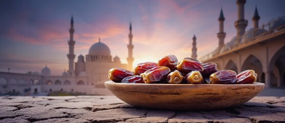 A wooden bowl of dates in front of a mosque at sunset.