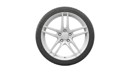 Fototapeta premium Silver alloy car wheel with black tire on transparent background