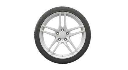 Silver alloy car wheel with black tire on transparent background