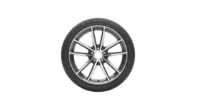 Shiny silver car wheel with black tire on white background