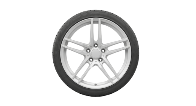 Silver alloy car wheel with black tire on transparent background - Powered by Adobe