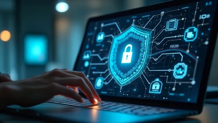 A professional workspace featuring modern technology and cybersecurity symbols, emphasizing digital safety with ample copy space and balanced composition, ideal for business concepts. - Powered by Adobe