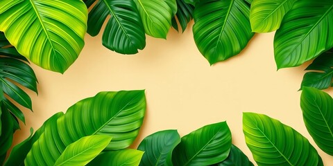 Vibrant green tropical leaves frame beige backdrop,   top view,  design element