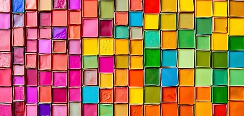 Fototapeta premium Vibrant mosaic of square tiles in diverse hues, forming a geometric pattern, pattern, square tiles