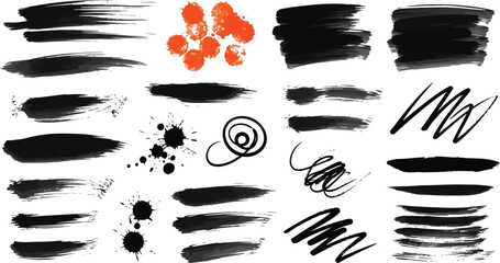 Collection of abstract black and orange paint brush strokes and splatters