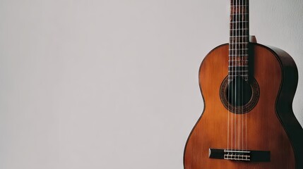 Obraz premium Acoustic guitar against a blank wall with copy space instrument detail