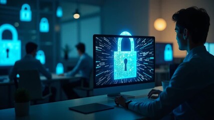 A secure office space illustrates ransomware defense measures, featuring a computer setup and ample copy space showcasing essential prevention strategies for professionals. - Powered by Adobe