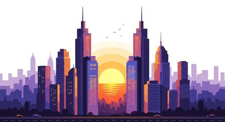 Fototapeta premium Vibrant sunset behind a modern city skyline with skyscrapers and architecture