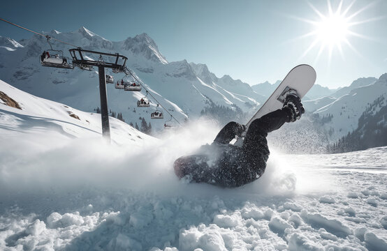 Snowboarder falls onto snowy slope, kicking up powder. Ski lift operates in background on sunny winter day. Extreme sport accident creates drama on mountain.
