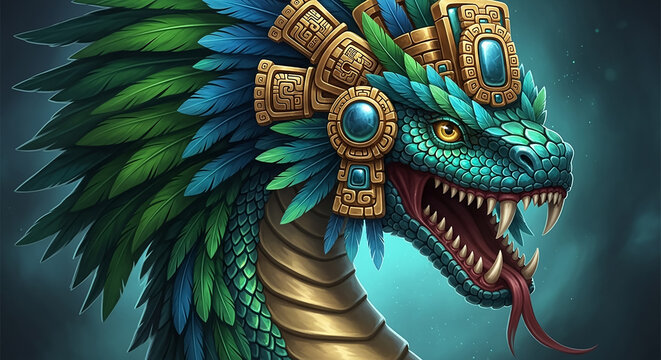 Quetzalcoatl feathered serpent deity head digital art