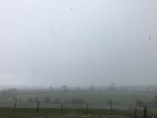 Winter landscape in North Yorkshire with wet snow and sleet