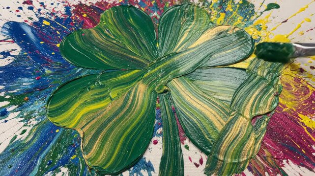 Abstract shamrock design with paint splatter on white background