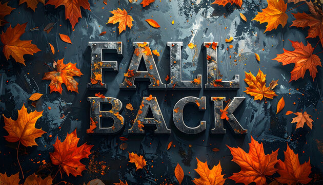 Metallic text spelling 'Fall Back' on a dark surface scattered with vibrant orange and red autumn maple leaves.