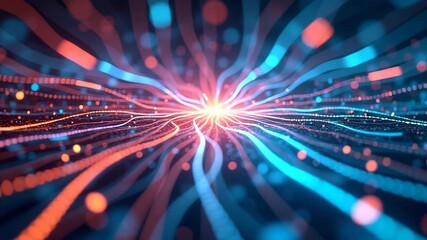 An abstract representation of SOC MDR services characterized by interconnected lines, vibrant colors, and ample copy space demonstrating seamless operational flow.