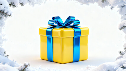 A bright yellow gift box with glossy red ribbon and bow sits in fresh snow, framed by pine branches under falling flakes, festive winter holiday vibe