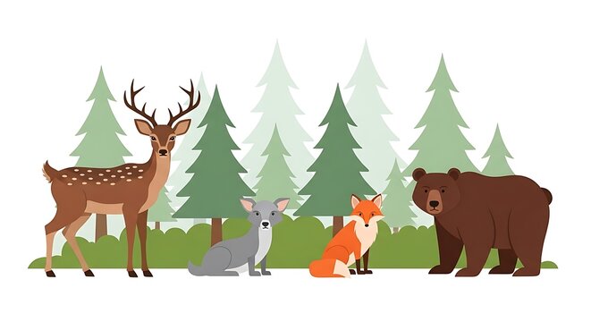 Forest Animals Illustration - Deer, Wolf, Fox, and Bear in Nature. - Powered by Adobe