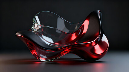 Striking abstract glass sculpture with fluid, wavy forms in vibrant red and matte black, blending transparency and opacity under dramatic lighting