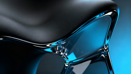 Sleek 3D abstract of glossy blue liquid merging with matte metallic gray, creating fluid waves and reflective curves in a futuristic design