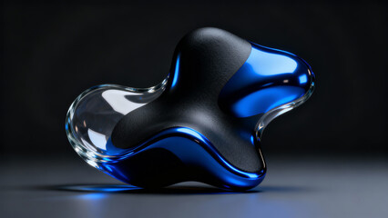 A glossy blue-black abstract sculpture blends metallic sheen, transparent glass, and matte textures in fluid, organic curves, futuristic and surreal
