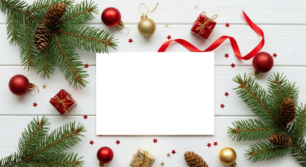 Overhead view of a blank card and envelope on festive Christmas fir branches and berries and Ribbon and ornaments On white background, With Copy space