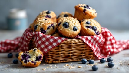 A rustic wicker basket lined with a red checkered cloth, filled with freshly baked blueberry muffins.