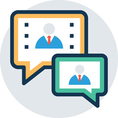 Two Speech Bubbles Featuring Stylized People Icons in Blue Suits Red Ties and White Shirts on a Light Blue Circular Background with Dark Blue Outlines and 