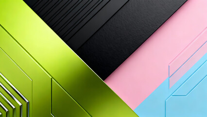 Striking abstract geometric design with bold diagonal stripes in lime green, black, pink, and light blue, glossy metallic textures create dynamic, layered depth