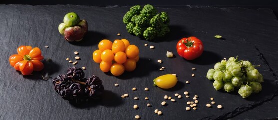 Colorful arrangement of assorted vegetables on a dark stone surface.