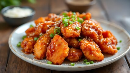 A delicious plate of crispy Korean fried chicken coated in a sweet and spicy sauce, garnished with sesame seeds and scallions.