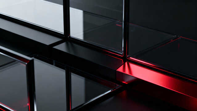 A mesmerizing 3D abstract of interlocking black glass cubes with glowing red neon edges, creating depth and futuristic contrast in a dark void - Powered by Adobe