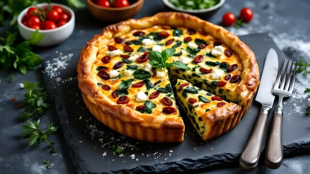 A freshly baked spinach and feta quiche with a golden crust, one slice cut out and ready to serve.
