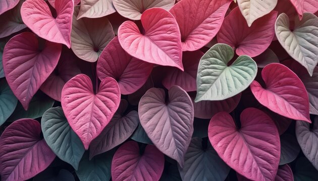 Vibrant heart shaped plant leaves in shades of pink, magenta, green fill entire frame. Rich organic foliage creates beautiful natural pattern background texture. Perfect for decorative floral design