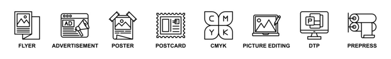 Banner web of Print icons vector illustration. Concept of flyer, advertisement, poster, postcard, cmyk, picture editing, dtp and prepress. Simple line vector illustration.