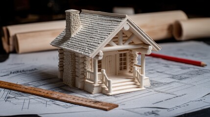 Detailed Wooden Model House on Architectural Blueprints with Tools and Measurements Highlighting Craftsmanship in Home Design and Construction Planning