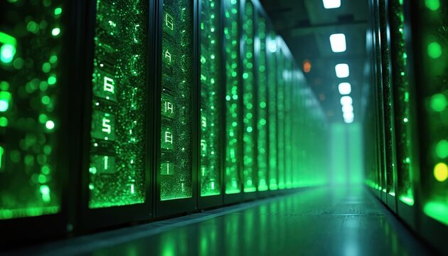 Illuminated digital server room infrastructure. Data center with rows of rack servers. Storage, hardware of network. Green lights, digital data processing and cloud computing tech environment.