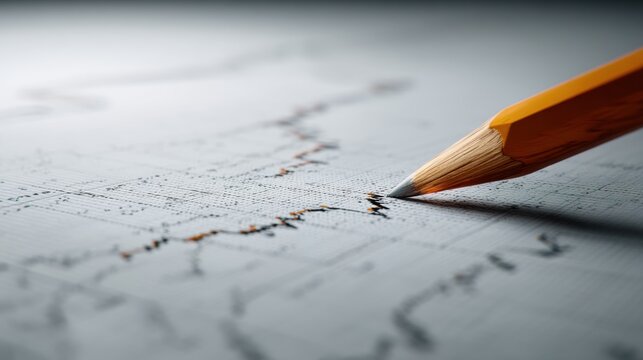 Close-Up of Pencil Drawing Lines on Data Graph Showing Fluctuating Trends in Financial Market Analysis and Visual Representation of Statistical Information