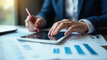 A close-up of a business professional reviewing corporate tax reports on a tablet, surrounded by financial documentation with sufficient copy space for branding integration. - Powered by Adobe
