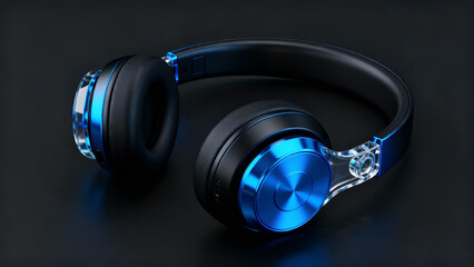 Sleek over-ear headphones with glowing blue accents, transparent elements, and premium metallic finish on a dark backdrop