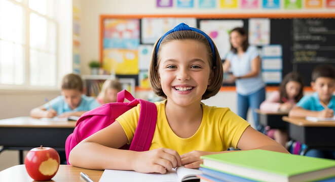 Happy girl student smiling in elementary school classroom