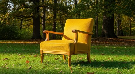 Fototapeta premium Comfortable Yellow armchair relaxing in lush green garden