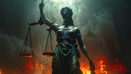 Naklejka premium A grim depiction of a crumbling Lady Justice statue engulfed in flames and a dark, smoky atmosphere.