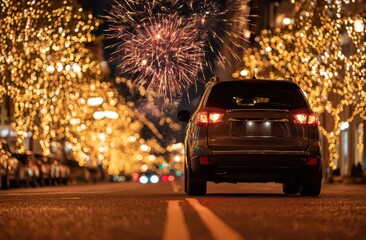 Fireworks light up the street on New Year’s night