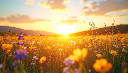 Vibrant Meadow Sunset Golden Hour With Wildflowers In Bloom And Distant Hills Under A Dramatic Sky